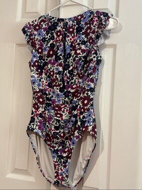 Anne Cole Floral One-Piece Bodysuit in White, Purple & Burgundy